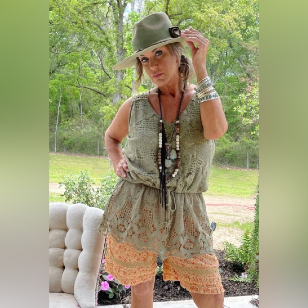 Jaded Gypsy Grey Crochet Lace Drawstring Boho Tank Tunic Top